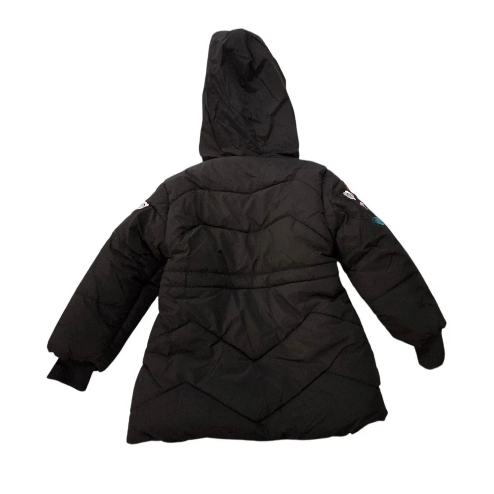 New Girls Black Quilted Puffer Jacket Pink Faux Fur Hood Floral‎ Embroidery 3-4Y